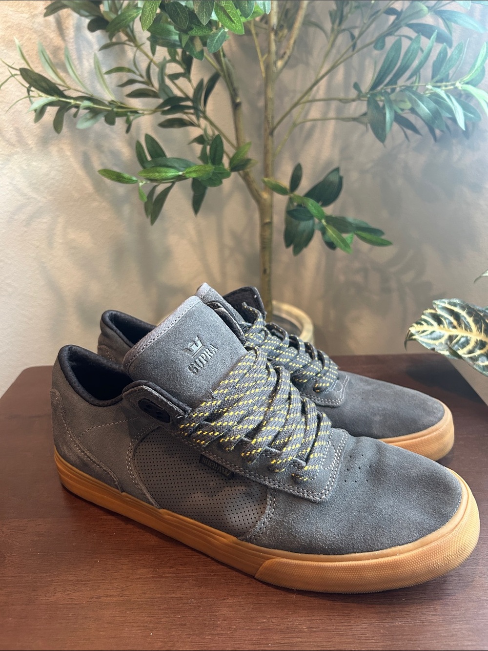 Supra Grey Suede Sneakers with Gum Sole and Yellow-Accented Laces